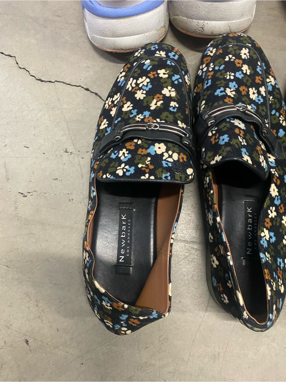 NewBark Black Floral Slip-On Loafers with Blue & Tan Accents